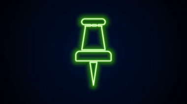 Parlayan neon çizgisi siyah arkaplanda Push pin simgesi izole edildi. Raptiye işareti. 4K Video hareketli grafik canlandırması