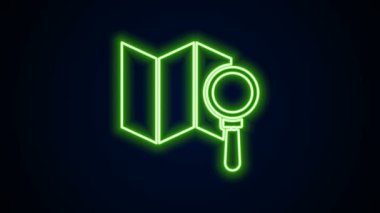Parlayan neon hattı arama konumu simgesi siyah arkaplanda izole edildi. İşaretli büyüteç. 4K Video hareketli grafik canlandırması