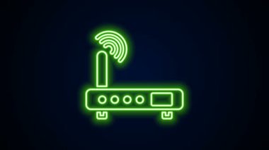 Parlayan neon hat Router ve wi-fi sinyal ikonu siyah arkaplanda izole edildi. Kablosuz ethernet modem yönlendirici. Bilgisayar teknolojisi interneti. 4K Video hareketli grafik canlandırması