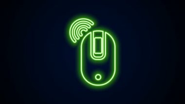 Parlayan neon hattı kablosuz bilgisayar fare simgesi siyah arkaplanda izole edildi. Tekerlek sembollü optik. 4K Video hareketli grafik canlandırması