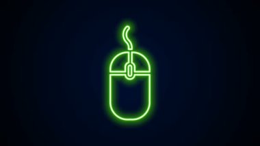 Parlayan neon hattı Bilgisayar fare simgesi siyah arkaplanda izole edildi. Tekerlek sembollü optik. 4K Video hareketli grafik canlandırması