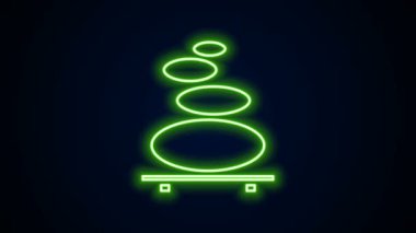Parlayan neon hattı. Stack sıcak taşlar simgesi siyah arkaplanda izole edildi. Spa salonu aksesuarı. 4K Video hareketli grafik canlandırması