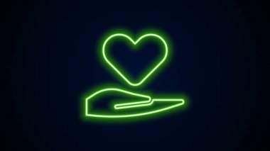 Parlayan neon hattı. El simgesi üzerinde kalp, siyah arkaplanda izole edildi. El çabukluğu aşk sembolü. Sevgililer Günü sembolü. 4K Video hareketli grafik canlandırması