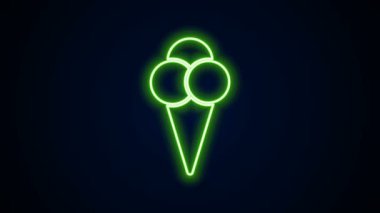 Siyah zemin üzerinde izole edilmiş waffle konisi ikonunda parlayan neon çizgisi dondurma. Güzel sembol. 4K Video hareketli grafik canlandırması