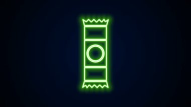Parlayan neon çizgisi, siyah arkaplanda izole edilmiş çikolata çubuğu simgesi. 4K Video hareketli grafik canlandırması