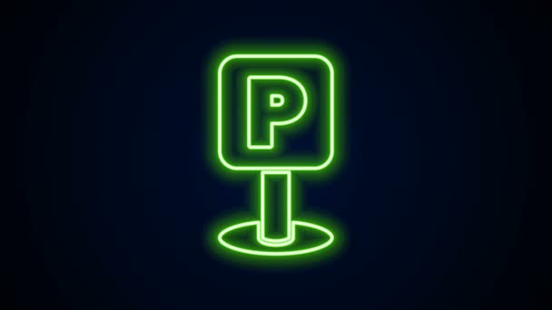 Zářící neonová čára Parkovací ikona izolovaná na černém pozadí. Pouliční značka. Grafická animace pohybu videa 4K — Stock video