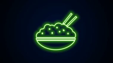 Siyah arka planda izole edilmiş yemek çubuğu ikonu olan bir kasede parlayan neon çizgisi Rice. Geleneksel Asya yemekleri. 4K Video hareketli grafik canlandırması
