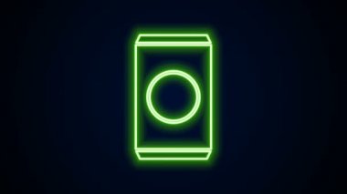 Siyah arka planda izole edilmiş saman simgesi içen parlak neon şeritli soda kutusu. 4K Video hareketli grafik canlandırması