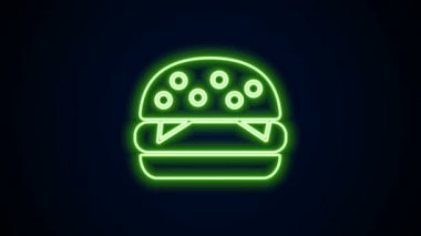 Parlayan neon hattı Burger simgesi siyah arkaplanda izole edildi. Hamburger ikonu. Çizburger sandviç tabelası. Fast food menüsü. 4K Video hareketli grafik canlandırması