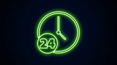 Parlayan neon hattı Saat 24 saat simgesi siyah arkaplanda izole edildi. Tüm gün döngü simgesi. 24 saat hizmet sembolü. 4K Video hareketli grafik canlandırması