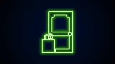 Parlayan neon hattı çevrimiçi sipariş veren ve fast food dağıtım ikonu siyah arkaplanda izole edilmiş. 4K Video hareketli grafik canlandırması
