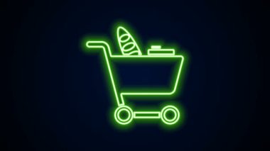 Parlayan neon hattı alışveriş arabası ve siyah arka planda izole edilmiş yiyecek ikonu. Yiyecek dükkanı, süpermarket. 4K Video hareketli grafik canlandırması