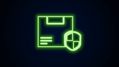 Parlayan neon hattı. Siyah zemin üzerinde kalkan simgesi olan teslimat güvenliği. Teslimat sigortası. Kalkanın ötesinde sigorta kutuları var. 4K Video hareketli grafik canlandırması