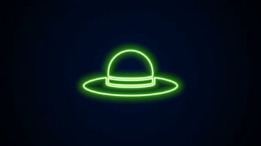 Parlak neon çizgisi, siyah arka planda izole edilmiş zarif kadın şapka ikonu. 4K Video hareketli grafik canlandırması