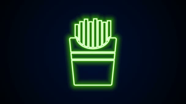 Leuchtende Neon-Linie Kartoffeln Pommes frites in Karton Verpackung Symbol isoliert auf schwarzem Hintergrund. Fast Food Menü. 4K Video Motion Grafik Animation — Stockvideo