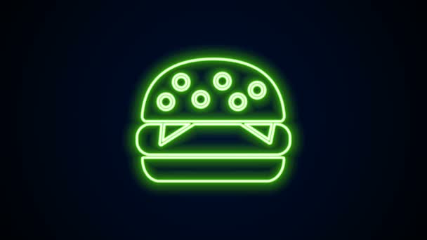 Glödande neon linje Burger ikon isolerad på svart bakgrund. Hamburgerikon. Smörgåsskylt för ostburgare. Snabbmatsmeny. 4K Video motion grafisk animation — Stockvideo