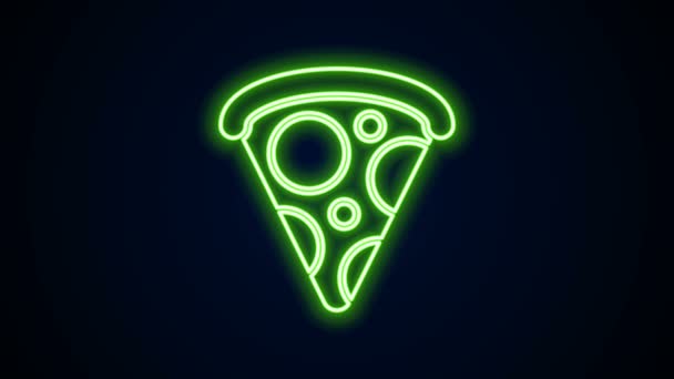 Λαμπερή γραμμή νέον Φέτα εικονίδιο πίτσα απομονώνονται σε μαύρο φόντο. Μενού γρήγορου φαγητού. 4K Γραφική κίνηση κίνησης βίντεο — Αρχείο Βίντεο