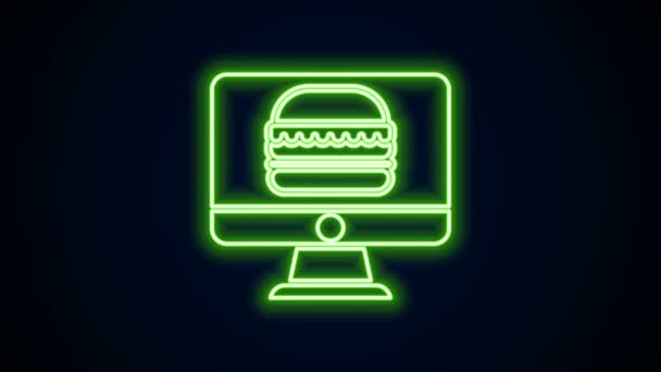 Świecąca neonowa linia Zamawianie online i ikona fast food dostawy izolowane na czarnym tle. 4K Animacja graficzna ruchu wideo — Wideo stockowe