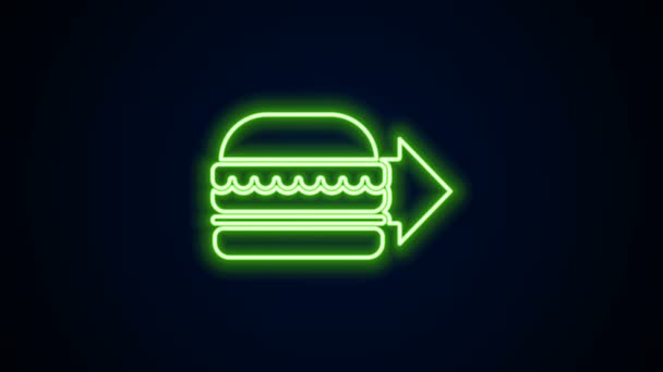 Parlayan neon hattı çevrimiçi sipariş ve hamburger dağıtım ikonu siyah arkaplanda izole edildi. 4K Video hareketli grafik canlandırması — Stok video