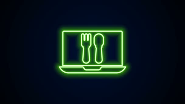 Gloeiende neon lijn Online bestellen en fast food levering pictogram geïsoleerd op zwarte achtergrond. 4K Video motion grafische animatie — Stockvideo