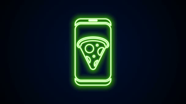 Brillante línea de neón Alimentos ordenar icono de pizza aislado sobre fondo negro. Pedido por teléfono móvil. Restaurante concepto de entrega de comida. Animación gráfica de vídeo 4K — Vídeos de Stock