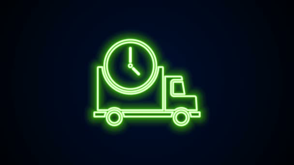 Świecące neon linii Logistyka dostawy ciężarówki i ikona zegara izolowane na czarnym tle. Ikona czasu dostawy. 4K Animacja graficzna ruchu wideo — Wideo stockowe