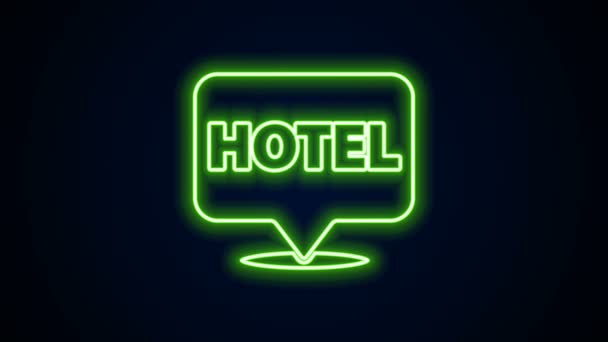 Glowing neon line Location hotel icon isolated on black background. Concept symbol for hotel, hostel, travel, housing rent, real estate. 4K Video motion graphic animation — Stock Video