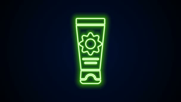 Siyah arkaplanda izole edilmiş tüp ikonunda parlayan neon kremi. Cilt için güneş ultraviyole ışığından koruma. 4K Video hareketli grafik canlandırması — Stok video