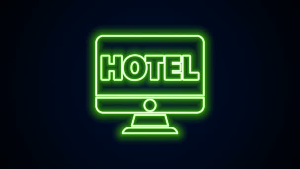 Zářící neon line Online rezervace hotel ikona izolované na černém pozadí. Koncepce on-line rezervace designu pro monitor počítače. Grafická animace pohybu videa 4K — Stock video