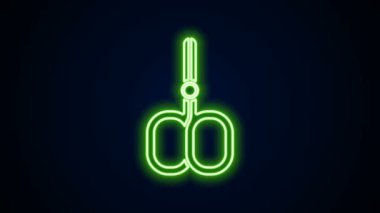 Parlayan neon çizgisi tırnak makasları siyah arkaplanda izole edilmiş güzellik salonu ikonu. Manikür için kozmetik makas. 4K Video hareketli grafik canlandırması