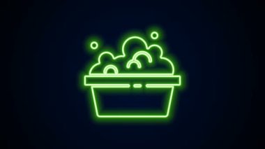 Siyah zemin üzerinde sabun köpüğü simgesi olan parlak neon çizgisi plastik leğen. Sulu kase. Çamaşır yıkama, temizlik malzemeleri. 4K Video hareketli grafik canlandırması