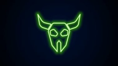 Parlayan neon hattı Buffalo kafatası ikonu siyah arka planda izole edildi. 4K Video hareketli grafik canlandırması
