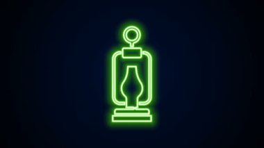 Parlayan neon hattı kamp feneri ikonu siyah arkaplanda izole edildi. Mutlu Cadılar Bayramı Partisi. 4K Video hareketli grafik canlandırması