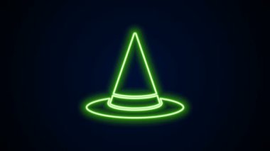 Parlayan neon hattı cadı şapkası simgesi siyah arkaplanda izole edildi. Mutlu Cadılar Bayramı Partisi. 4K Video hareketli grafik canlandırması