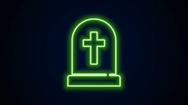 Siyah zemin üzerinde çapraz simge olan parlak neon çizgisi Tombstone. Mezar ikonu. Mutlu Cadılar Bayramı Partisi. 4K Video hareketli grafik canlandırması