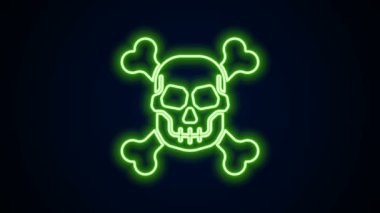 Çapraz kemiklerdeki parlak neon hattı Skull siyah arka planda izole edildi. Mutlu Cadılar Bayramı Partisi. 4K Video hareketli grafik canlandırması