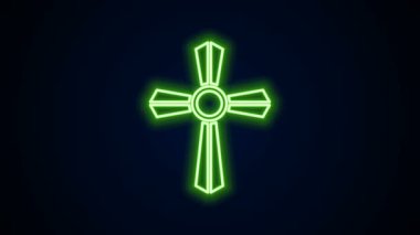 Siyah zemin üzerinde çapraz simge olan parlak neon çizgisi Tombstone. Mezar ikonu. 4K Video hareketli grafik canlandırması