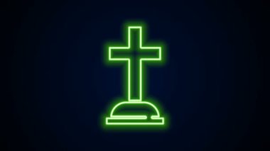 Siyah zemin üzerinde çapraz simge olan parlak neon çizgisi Tombstone. Mezar ikonu. 4K Video hareketli grafik canlandırması