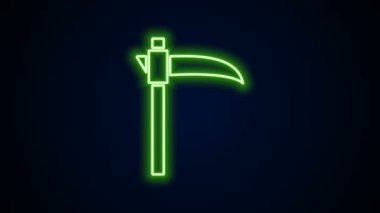 Parlayan neon hattı Scythe simgesi siyah arkaplanda izole edildi. Mutlu Cadılar Bayramı Partisi. 4K Video hareketli grafik canlandırması