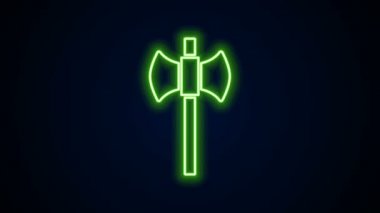 Parlayan neon hattı tahta balta ikonu siyah arkaplanda izole edildi. Oduncu baltası. Mutlu Cadılar Bayramı Partisi. 4K Video hareketli grafik canlandırması