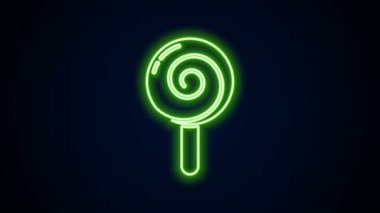 Parlayan neon hattı lolipop simgesi siyah arkaplanda izole edildi. Yemek, lezzetli bir sembol. 4K Video hareketli grafik canlandırması