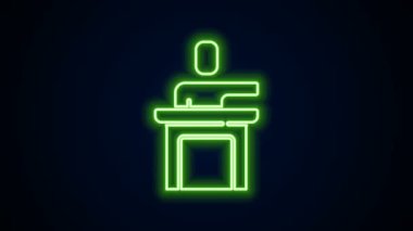 Parlayan neon hattı hoparlör simgesi siyah arkaplanda izole edildi. Ben Tribün 'den hatip. Halka açık konuşma. Kürsüde biri var. 4K Video hareketli grafik canlandırması