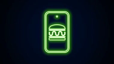 Parlayan neon hattı çevrimiçi sipariş veren ve fast food dağıtım ikonu siyah arkaplanda izole edilmiş. Burger tabelası. 4K Video hareketli grafik canlandırması