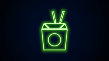 Karton kutuda parlayan neon hattı Asya erişteleri ve siyah arka planda izole edilmiş yemek çubukları ikonu. Sokak yemeği. Kore, Japon, Çin yemekleri. 4K Video hareketli grafik canlandırması