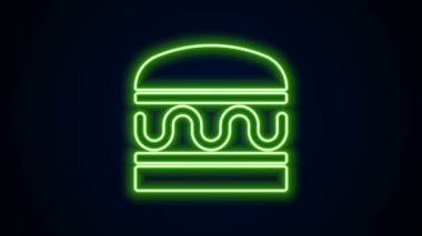 Parlayan neon hattı Burger simgesi siyah arkaplanda izole edildi. Hamburger ikonu. Çizburger sandviç tabelası. Fast food menüsü. 4K Video hareketli grafik canlandırması