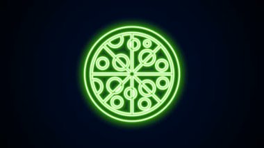 Parlayan neon hattı pizza simgesi siyah arkaplanda izole edildi. Fast food menüsü. 4K Video hareketli grafik canlandırması