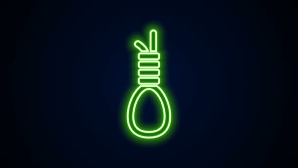 Linea neon incandescente Icona appesa ad anello a fune isolata su sfondo nero. Corda legata al cappio. Suicidio, impiccagione o linciaggio. Animazione grafica 4K Video motion — Video Stock