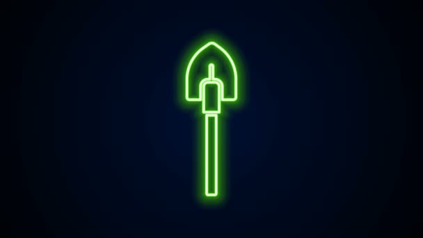 Glödande neon line Skyffla ikonen isolerad på svart bakgrund. Trädgårdsredskap. Verktyg för trädgårdsodling, jordbruk, jordbruk. 4K Video motion grafisk animation — Stockvideo