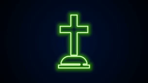 Gloeiende neon lijn Tombstone met kruis pictogram geïsoleerd op zwarte achtergrond. Graficoon. 4K Video motion grafische animatie — Stockvideo