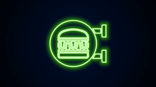 Línea de neón brillante Icono de pedido en línea y entrega de hamburguesas aislado sobre fondo negro. Animación gráfica de vídeo 4K — Vídeo de stock